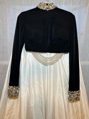 Black and White Jeweled Cape Dress with Pearl Detail